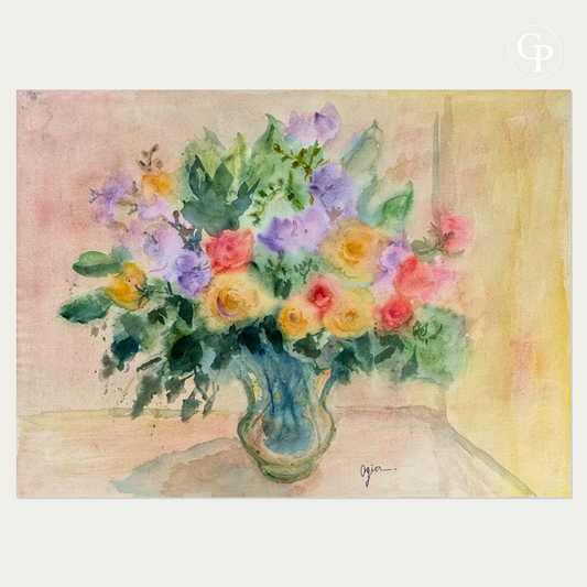Original watercolor painting Bouquet aux roses thé by Marie-Louise Ogier, Arches 1000g paper, circa 1980 | Aquarelle originale Bouquet aux roses thé par Marie-Louise Ogier sur papier Arches 1000g, circa 1980.