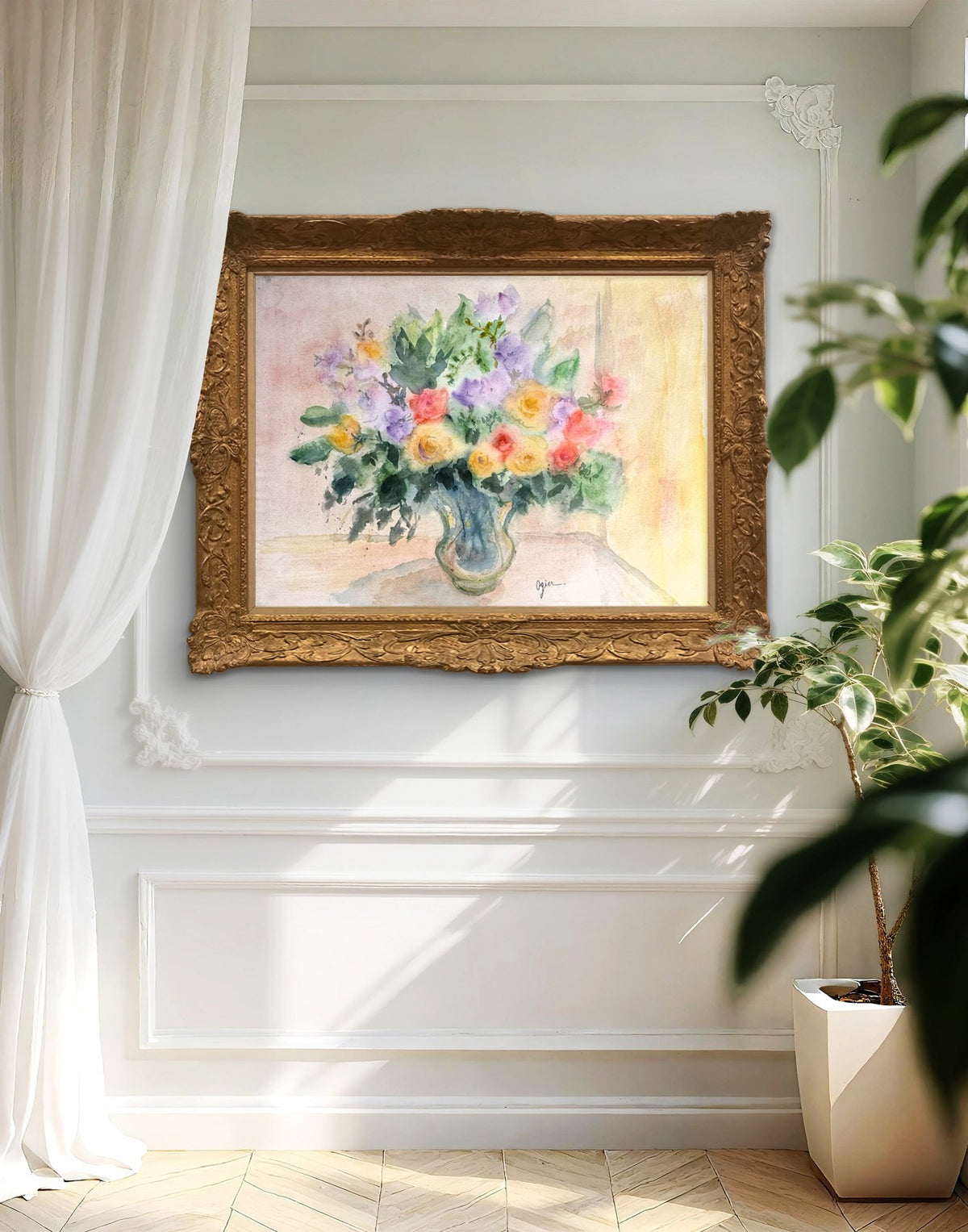 Marie-Louise Ogier's framed watercolor displayed in a classic apartment interior | Aquarelle de Marie-Louise Ogier encadrée et mise en situation dans un salon.