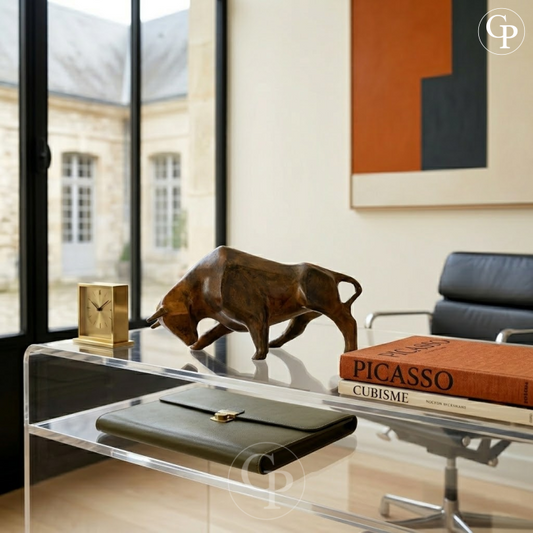English:
Powerful cubist bull sculpture in solid bronze by Pierre Chenet (circa 1970), displayed on a transparent table with Picasso and Cubism books. Rich acid patina with warm amber reflections, elegant modernist interior setting. | 
French:
Sculpture de taureau cubiste en bronze massif par Pierre Chenet (vers 1970), mise en scène sur une table transparente avec des livres Picasso et Cubisme. Belle patine à l’acide aux reflets ambrés chauds, intérieur moderniste élégant.