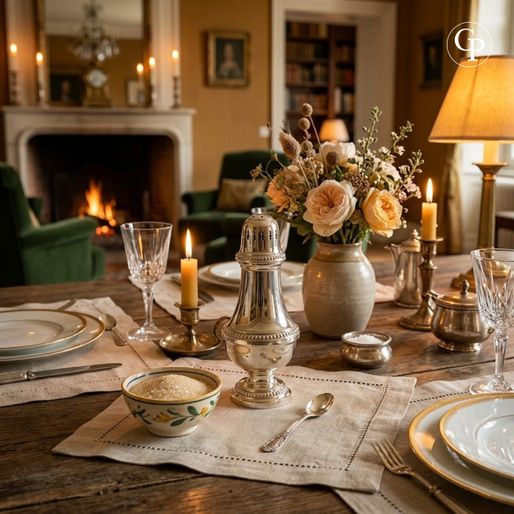 French art de vivre elegant table setting with vintage silver sugar muffineer shaker | Art de la table à la française avec la saupoudreuse en métal argenté SFAM sur une table élégante