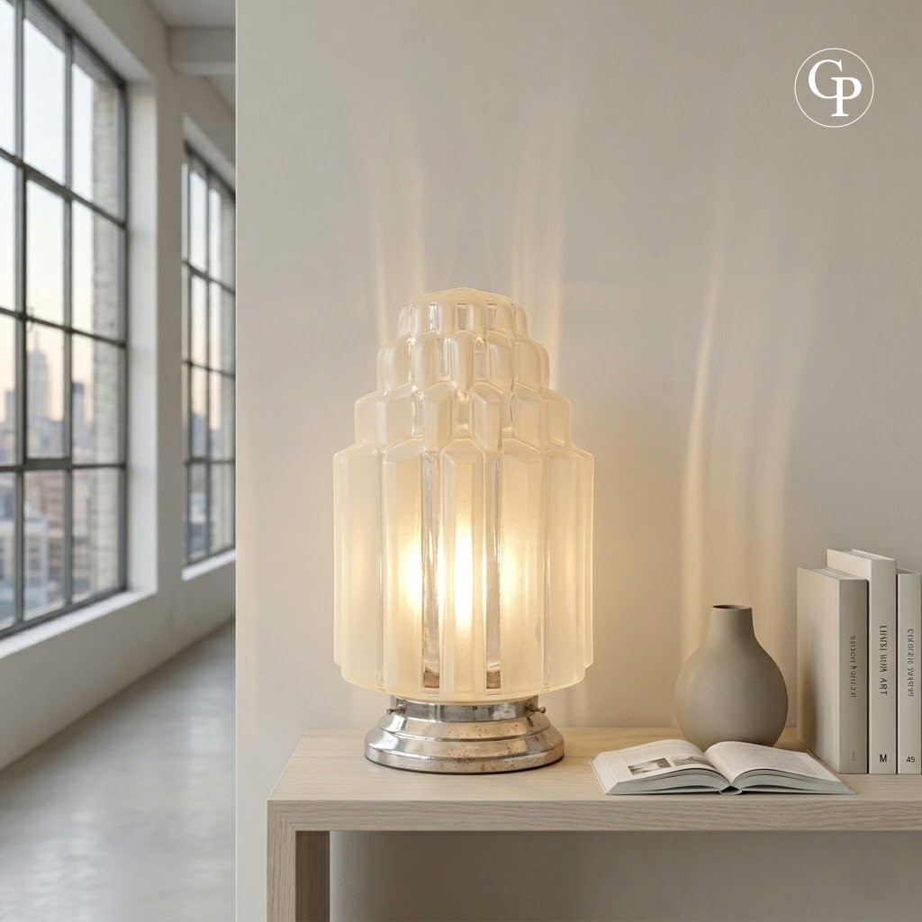 Elegant Art Deco table lamp with sculpted frosted glass shade on metallic base, creating warm ambient light in a modern minimalist interior | Élégante lampe de table Art Déco avec abat-jour sculpté en verre dépoli sur base métallique, diffusant une lumière chaleureuse dans un intérieur moderne et minimaliste
Skyscraper Glow Lamp