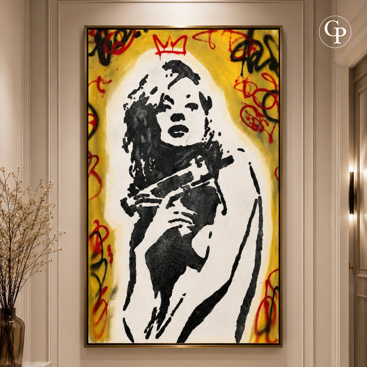 Mise en situation du tableau Pop Art XXL Urban Majesty Unleashed de Timo Wedell encadré dans un intérieur moderne | In-situ view of Timo Wedell framed XXL Pop Art painting Urban Majesty Unleashed in a modern interior setting