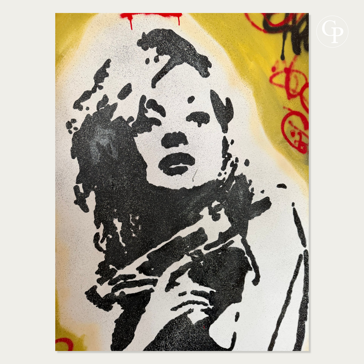 details: Vue de face complète de la peinture Pop Art XXL Urban Majesty Unleashed par Timo Wedell montrant le portrait au pochoir et les graffitis | Full front view of the XXL Pop Art painting Urban Majesty Unleashed by Timo Wedell featuring stencil portrait and graffiti tags