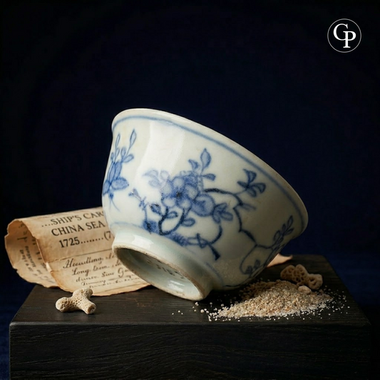 Tasse porcelaine Ca Mau posée sur socle avec sable, corail et document d’époque Sotheby’s | Ca Mau shipwreck porcelain cup displayed with sand, coral and original Sotheby’s document