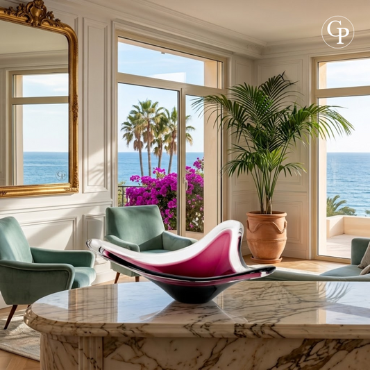 La coupe Tricorne en cristal améthyste de Val Saint Lambert mise en scène sur une table en marbre dans un intérieur lumineux avec vue sur mer. Décoration haut de gamme Mid-Century. | Premium lifestyle view of the amethyst Tricorne art glass bowl by Val Saint Lambert and Peter Muller-Munk on a marble table in a bright luxury interior.
