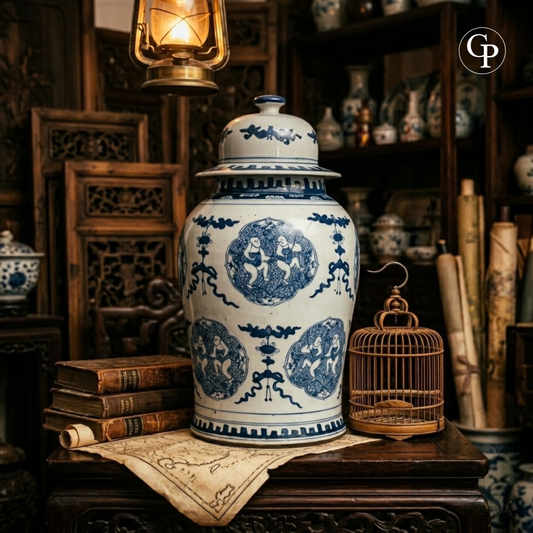 Grand vase balustre couvert en porcelaine de Chine bleu et blanc du XIXe siècle à décor d'enfants pêcheurs mis en scène dans un cabinet de curiosités d'antiquités | Large 19th century Chinese blue and white porcelain covered baluster vase decorated with fishing children presented in an antique collector environment