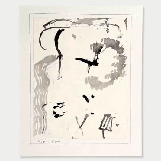 Full studio view of Hanna Ben-Dov original lyrical abstraction ink painting on its historical paper mount with pencil signature on the bottom left against a black background | Vue complète en studio de la peinture originale à l'encre d'Hanna Ben-Dov posée sur son support papier fort historique avec signature au crayon en bas à gauche sur fond noir