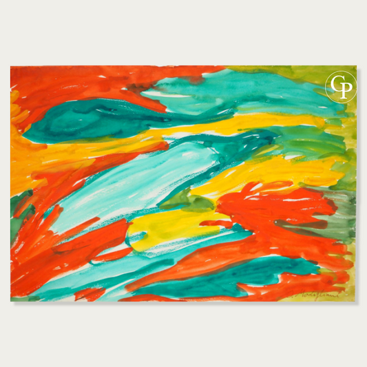 Close-up of Jeanne Modigliani original lyrical abstraction painting, bright red, turquoise and yellow gouache on paper with hand signature on the bottom right | Gros plan sur l'œuvre originale en abstraction lyrique de Jeanne Modigliani, gouache sur papier aux pigments vifs rouge, turquoise et jaune avec signature manuelle en bas à droite