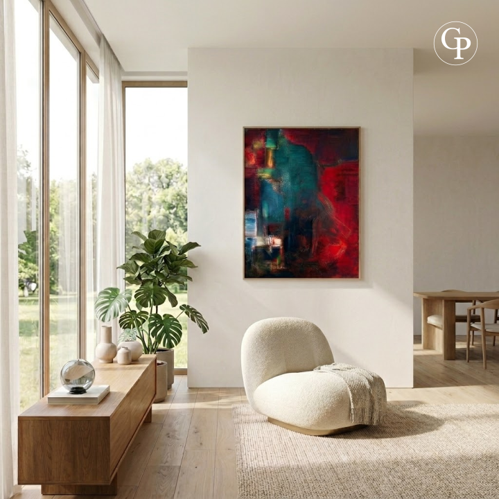 Mise en situation du tableau Connivence (1961) par Silvin Bronkart exposé dans un salon lumineux au style moderne et épuré | In-situ view of Silvin Bronkart oil painting Connivence (1961) displayed in a bright modern minimal living room