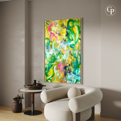 Timo Wedell original XXL abstract expressionist painting Tropische Pflanzen styled above a modern beige armchair in a luxury living room mockup | Œuvre originale sur toile géante Tropische Pflanzen de Timo Wedell installée au-dessus d'un fauteuil design dans un salon contemporain chic