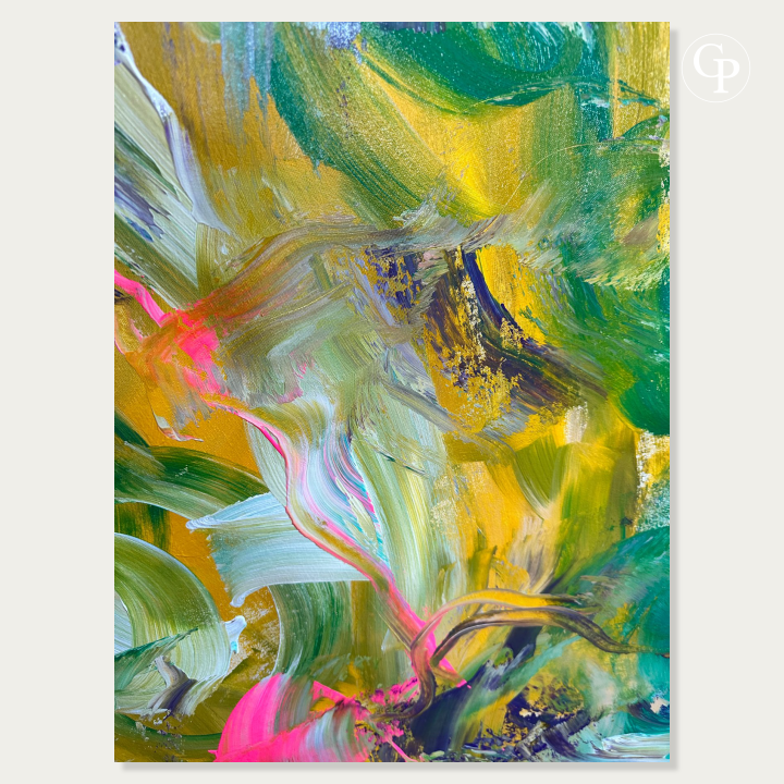 Close up detail of Timo Wedell abstract painting Tropische Pflanzen XXL, showcasing thick acrylic texture, gold and green brushstrokes | Gros plan sur les textures et détails de matière de la peinture abstraite Tropische Pflanzen XXL de Timo Wedell, reliefs de peinture acrylique verte et or